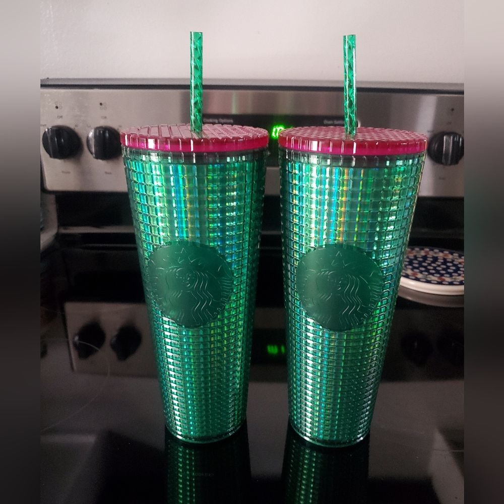 2  New Starbucks Spring 2023 Watermelon Grid Green Pink Venti Cold Cup Tumbler